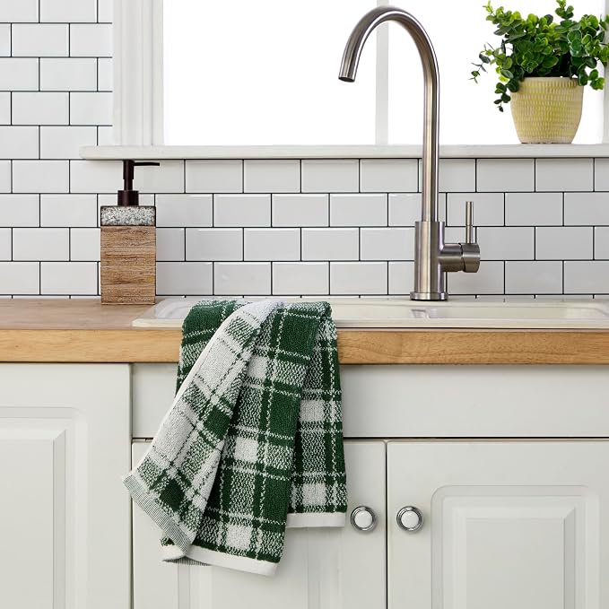 SKL Home Christmas Buffalo Plaid 2-Pc Hand Towel Set, Jacquard, Spruce | Plush & absorbent with reversible pattern. Great for use in the bathroom, kitchen, or bar & holiday gifting.