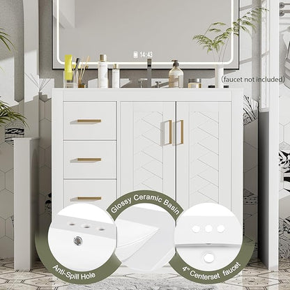 Merax Herringbone Single Sink Bathroom Vanity, Freestanding 36" Modern Bathroom Vanity Storage Cabinet with 3 Drawers and 2 Doors, Solid Wood Frame