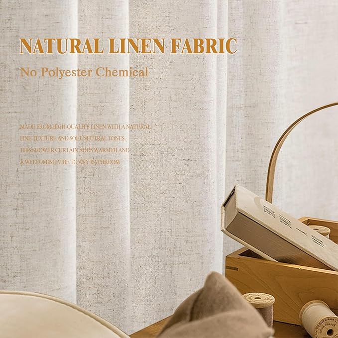 Linen Shower Curtain Fabric Boho Farmhouse Shower Curtains for Bathroom Cream Cotton Natural Cloth Liner Set 72" W x 84" L