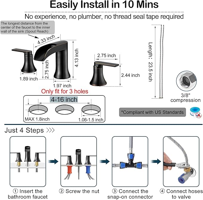 Oil Rubbed Bronze Waterfall Bathroom Faucet 2 Handle, 8 Inch Widespread Bathroom Sink Faucet 3 Hole with Supply Lines, Brass Material for Vanity, Lavatory, Restroom, Farmhouse, NO Pop-up Drain