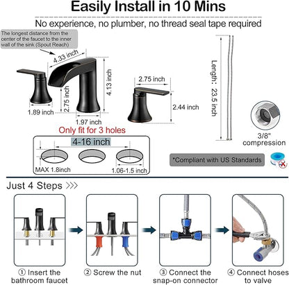 Oil Rubbed Bronze Waterfall Bathroom Faucet 2 Handle, 8 Inch Widespread Bathroom Sink Faucet 3 Hole with Supply Lines, Brass Material for Vanity, Lavatory, Restroom, Farmhouse, NO Pop-up Drain