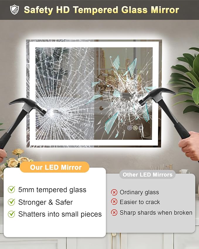 20x28 LED Bathroom Mirror, 6000LM, Separate Front and Back Lights | UL Certified,Shatter-Resistant Tempered Glass,Auto-Off Defogger,3 Color Modes,Smooth Dimming,Smart Memory Setting