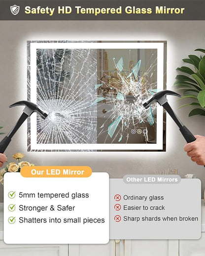 20x28 LED Bathroom Mirror, 6000LM, Separate Front and Back Lights | UL Certified,Shatter-Resistant Tempered Glass,Auto-Off Defogger,3 Color Modes,Smooth Dimming,Smart Memory Setting