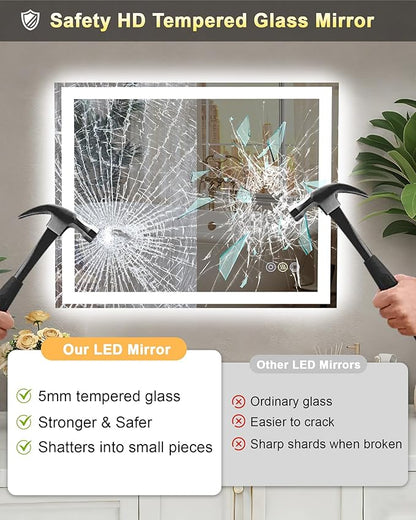 40x32 LED Bathroom Mirror, 6000LM, Separate Front and Back Lights | UL Certified,Shatter-Resistant Tempered Glass,Auto-Off Defogger,3 Color Modes,Smooth Dimming,Smart Memory Setting