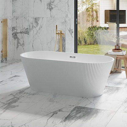 Freestanding Bathtub 67 Inch Acrylic Free Standing Tub – Modern Oval Tapered Design Vertical Ribbed Texture, CUPC Certified, Freestanding Bathtubs for Bathroom Remodel & Home Spa Comfort
