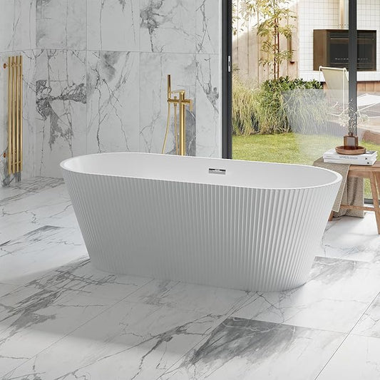 Freestanding Bathtub 67 Inch Acrylic Free Standing Tub – Modern Oval Tapered Design Vertical Ribbed Texture, CUPC Certified, Freestanding Bathtubs for Bathroom Remodel & Home Spa Comfort