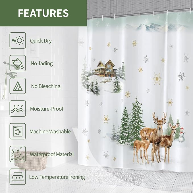 Christmas Winter Forest Shower Curtain for Bathroom 72W*72H Inch Snowman Deer Snowflake Rustic Xmas Pine Tree Farmhouse Country Holiday Decorations Bathtub Decor Waterproof Polyester Fabric Set