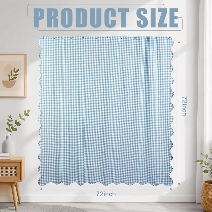HunnmingRe Scalloped Gingham Shower Curtain Light Blue | 72'' x 72'' Vintage Farmhouse Curtain, Cotton Cottage Core Rural Checkered Plaid Decor, Fall Shower Curtain for Bathroom