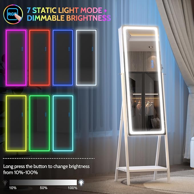 LVSOMT 14 RGB LED Mirror Jewelry Cabinet, Large Jewelry Armoire Standing | Lockable Full Length Mirror with Jewelry Storage, Space-Saving Jewelry Organizer Mirror, 14 RGB Lights, White