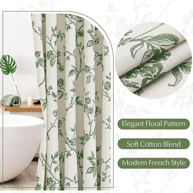 MitoVilla Long Shower Curtain Set 72 x 78, Cotton Floral Cottagecore Spring Shower Curtains for Bathroom, Modern Farmhouse Country Plant Leaves Bathroom Décor