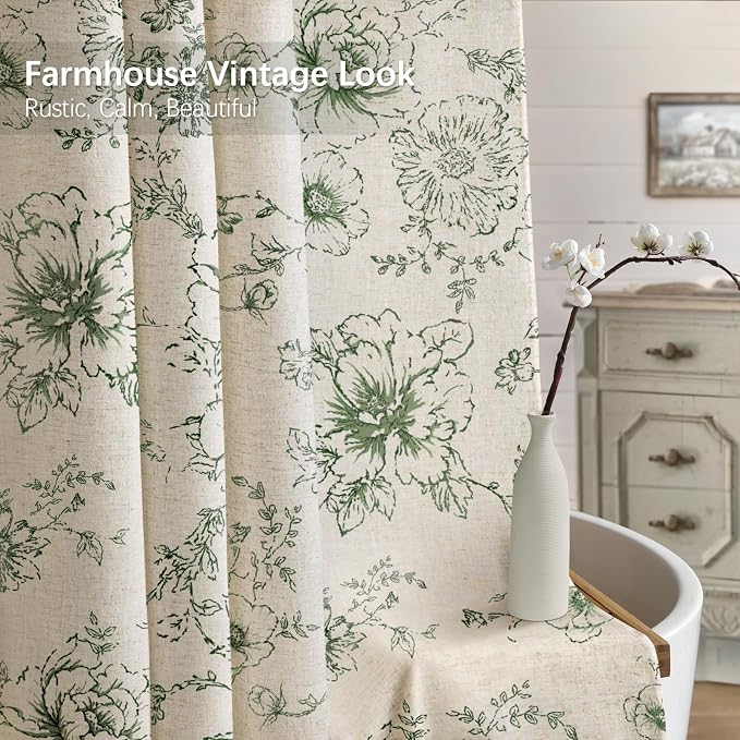 Farmhouse Floral Linen Shower Curtain, Vintage Green Pattern Rustic Shower Curtains for Bathroom, 72x78