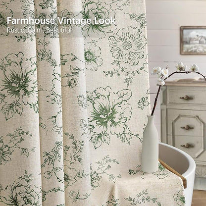 Farmhouse Floral Linen Shower Curtain, Vintage Green Spring Pattern Rustic Shower Curtains for Bathroom, Tan Taupe,72x72