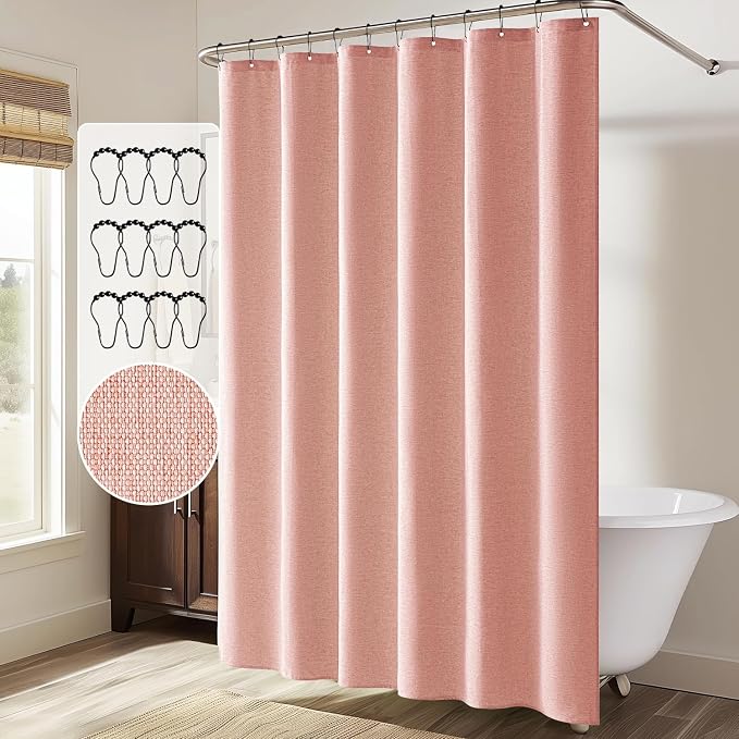 MIULEE Linen Fabric Shower Curtain Blush Pink W72*L72 12 Metal Hooks | Modern, Heavy Duty, Shower Curtain Set, Waterproof Thick Cloth Shower Curtains, Bathroom Hotel Bathtub, Washable