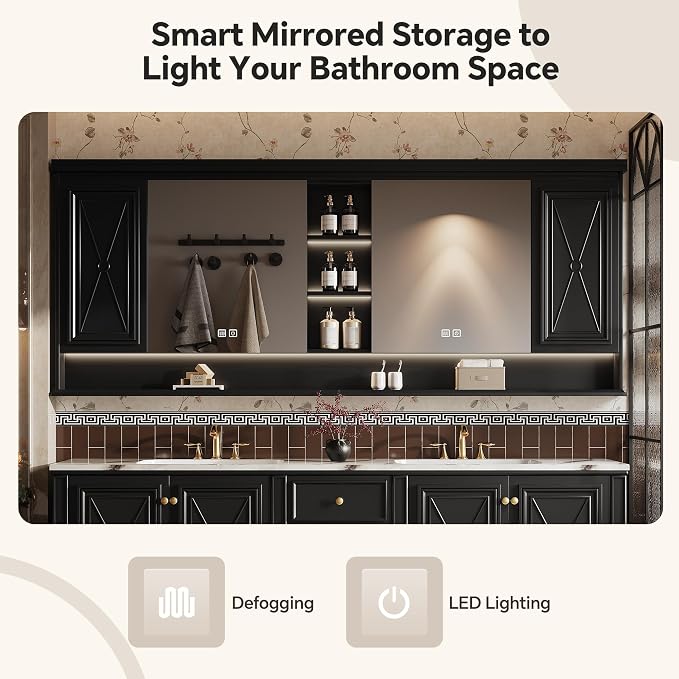 Double Sink Bathroom Vanity, Luxurious Bathroom Vanity with LED Smart Defog Mirror, Solid Freestanding Wood Vanity Sink Cabinet