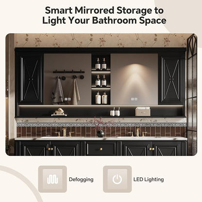 Double Sink Bathroom Vanity, Luxurious Bathroom Vanity with LED Smart Defog Mirror, Solid Freestanding Wood Vanity Sink Cabinet