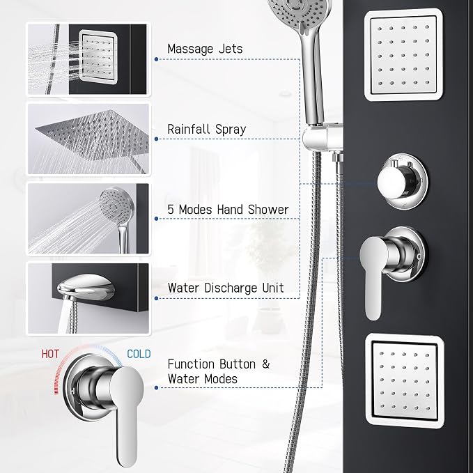 Shower Panel Tower System with Shelf, Adjustable Body Jets and Tub Spout | Rainfall shower panel with angle adjustable side jets, tub spout, 5-function handheld sprayer and built-in shelf