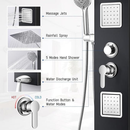 Shower Panel Tower System with Shelf, Adjustable Body Jets and Tub Spout | Rainfall shower panel with angle adjustable side jets, tub spout, 5-function handheld sprayer and built-in shelf