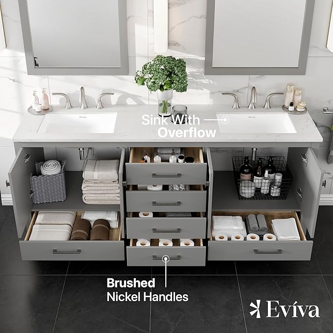 Eviva Aberdeen 78 inch Gray Transitional Double Sink Bathroom Vanity with White Carrara Quartz Countertop and Undermount Porcelain Sinks