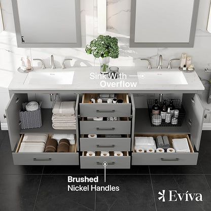 Eviva Aberdeen 78 inch Gray Transitional Double Sink Bathroom Vanity with White Carrara Quartz Countertop and Undermount Porcelain Sinks