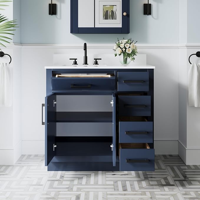 36-Inch Bathroom Vanity with Sink W/ 2 Doors & 4 Drawers & 1 Flip Drawer,Navy Blue Vanity W/Matte Black Handles