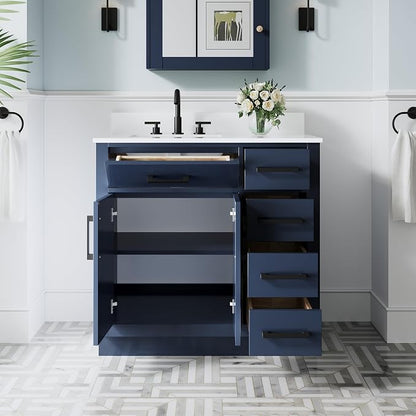 36-Inch Bathroom Vanity with Sink W/ 2 Doors & 4 Drawers & 1 Flip Drawer,Navy Blue Vanity W/Matte Black Handles
