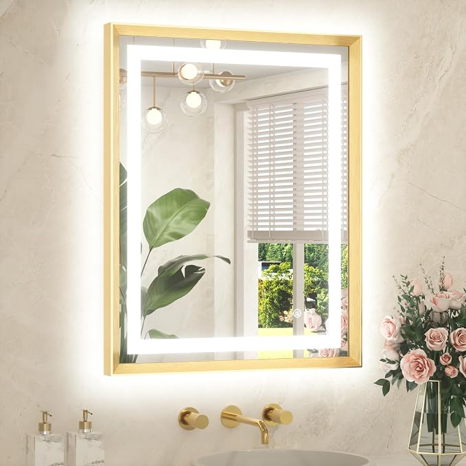 24 x 30 Bathroom Mirror Brushed Gold Metal Frame Frontlit & Backlit Vanity Mirror 3 Colors White/Warm/Natural Stepless Dimmable Anti-Fog Bathroom Mirrors for Vanity Wall-Mounted