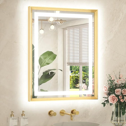 24 x 30 Bathroom Mirror Brushed Gold Metal Frame Frontlit & Backlit Vanity Mirror 3 Colors White/Warm/Natural Stepless Dimmable Anti-Fog Bathroom Mirrors for Vanity Wall-Mounted