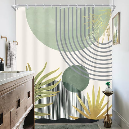 Mid Century Mint Green Boho Abstract Modern Bathroom Shower Curtain Set | 60Wx72L S Plant design, waterproof HD print with fast-drying fabric and 12 hooks.