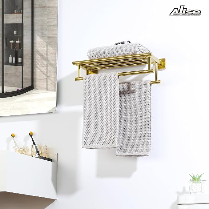Alise Double Towel Rack for Bathroom Wall Mounted 16 Inch,Gold | Bathroom Tower Holder Towel Shelf with Double Towel Bars,SUS304 Stainless Steel Towel Rack with Shelf for Lavatory Kitchen