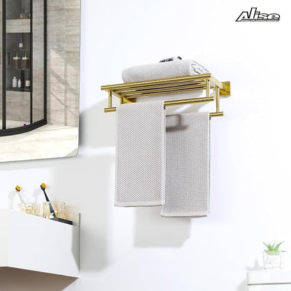 Alise Double Towel Rack for Bathroom Wall Mounted 16 Inch,Gold | Bathroom Tower Holder Towel Shelf with Double Towel Bars,SUS304 Stainless Steel Towel Rack with Shelf for Lavatory Kitchen