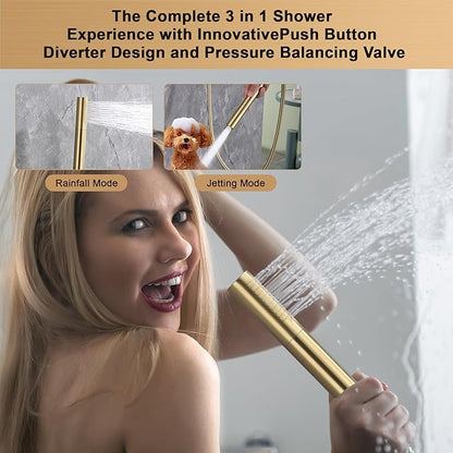 Brushed Gold Rainfall Shower System with Push-Button Diverter, Square UFO Rain Shower Trim Kit for Ceiling and Wall Mount, 2-Function Handheld Shower, Rough-in Valve, and Shower Faucet Set