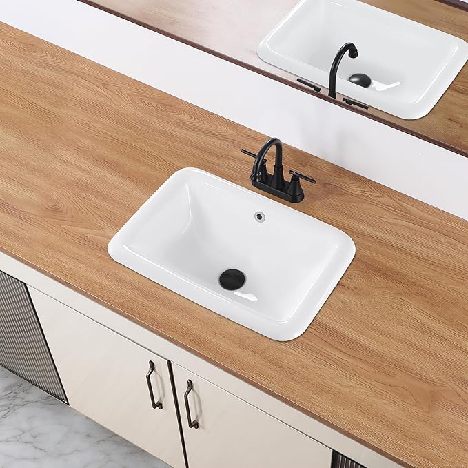 Bathroom Vessel Sink 21 Inch Drop In Bathroom Sink Rectangular Semi Recessed Sinks with Overflow White Ceramic Small Vanity Sinks for Bathrooms