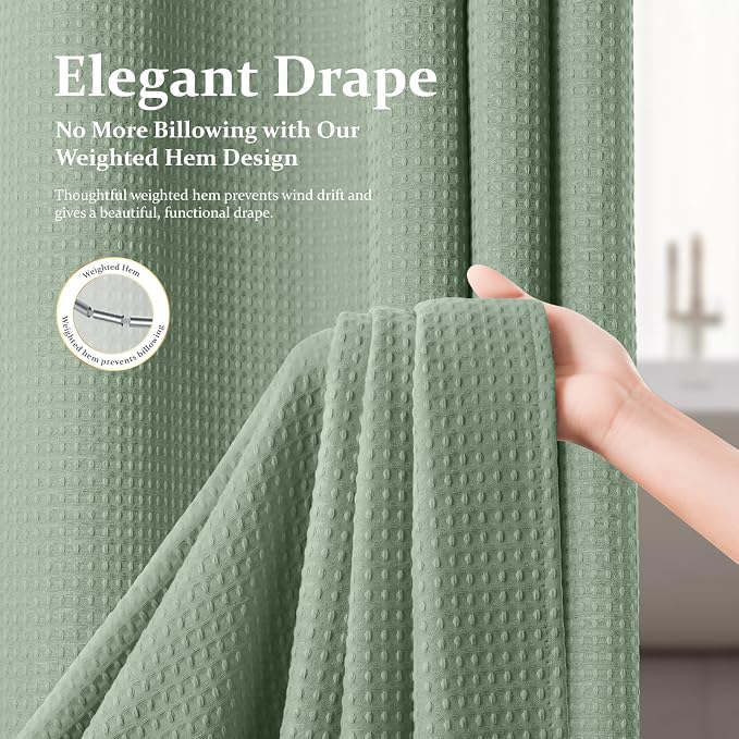 Long Waffle Shower Curtain 256 GSM Heavy Fabric 72x80 Sage Green | 80 Inch Long, Thick Cloth, Weighted Hem, Water Repellent, Hotel Luxury Polyester Shower Curtain Set for Bathroom 12 Hooks