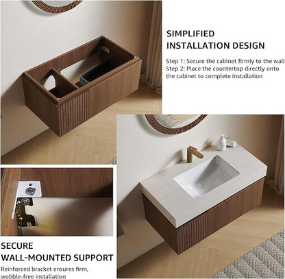 36” Floating Bathroom Vanity with Sink, Wall-Mounted Cabinet with Drawer & Doors, Roma Travertine-Pattern Countertop, Undermount Basin, Single Faucet Hole, Soft-Close, Pre-Assembled, Brown Oak