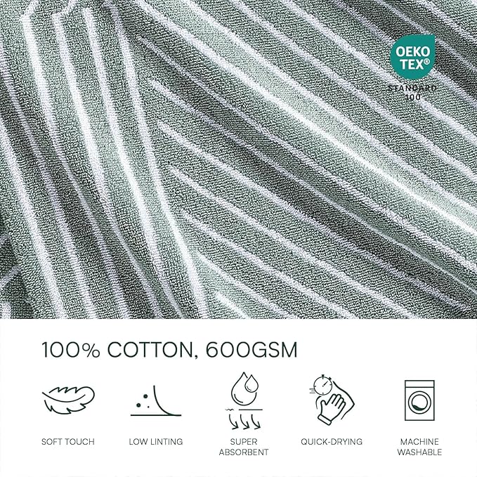 Lacoste Guethary Striped 6PC Towel Set – 100% Cotton, Reversible Design, Durable & Lightweight, Machine Washable – Aloe, 2 Bath Towels (30"x54"), 2 Hand Towels (16"x30"), 2 Washcloths (13"x13")