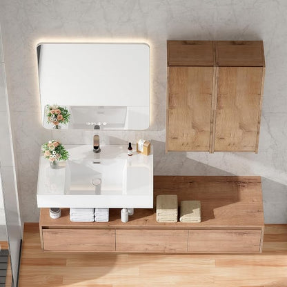 60 Inch Floating Bathroom Vanity with Single Sink, Modern Wall-Mounted Bathroom Cabinet with Resin Sink & Soft Close Drawers & Side Cabinet, Split-level Layout (Nature Oak, 60"+2 side cabinets)