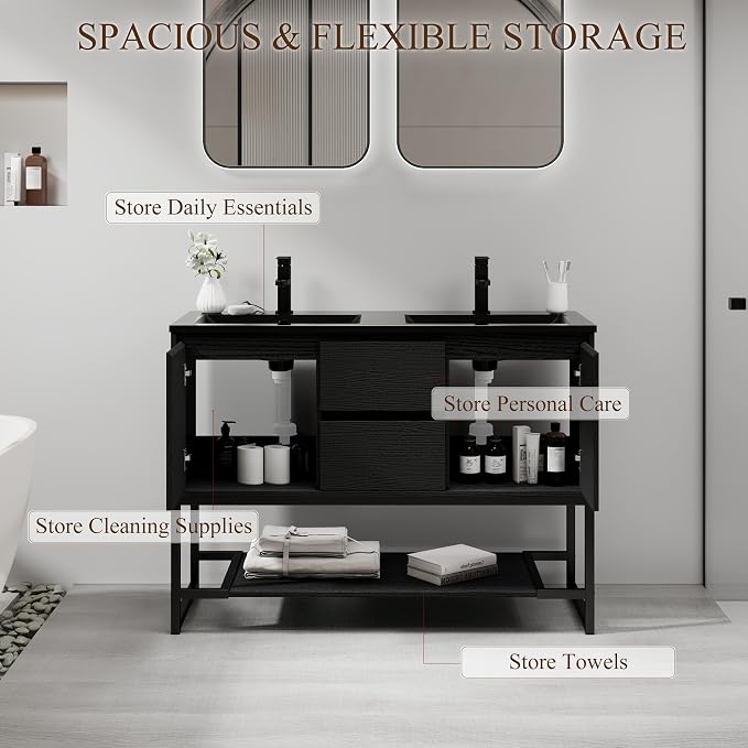 LUCKWIND 48" Modern Bathroom Vanity with Dual Black Sink Combo, Freestanding Storage Cabinet with Metal Frame, Water-Saving Faucet and Open Shelf and 2 Soft-Closing Door, Black