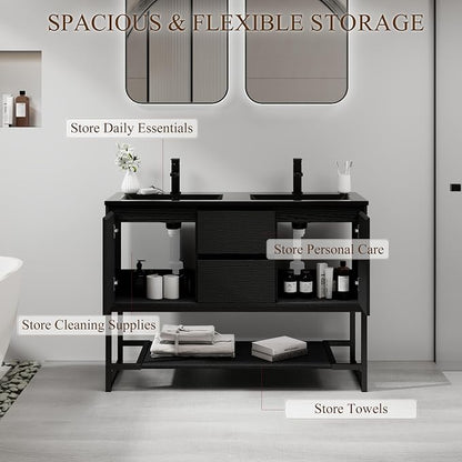 LUCKWIND 48" Modern Bathroom Vanity with Dual Black Sink Combo, Freestanding Storage Cabinet with Metal Frame, Water-Saving Faucet and Open Shelf and 2 Soft-Closing Door, Black