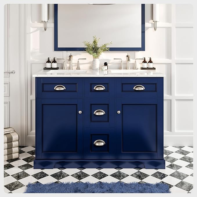 Eviva Epic 48 in. Blue Double Sink Bathroom Vanity with White Carrara Quartz Countertop