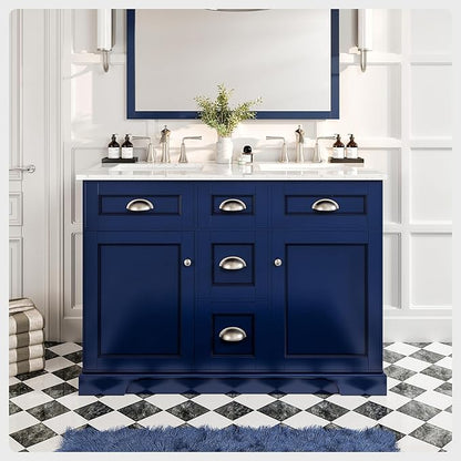 Eviva Epic 48 in. Blue Double Sink Bathroom Vanity with White Carrara Quartz Countertop