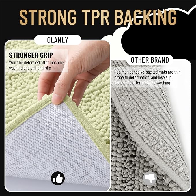 OLANLY Thick Bathroom Rugs 36x24, Soft Chenille Striped Bath Rugs, Vanilla | Rubber Backing, Machine Wash, Extra Absorbent Bath Mats for Bathroom Floor, Tub and Shower, Home Decor Accessories