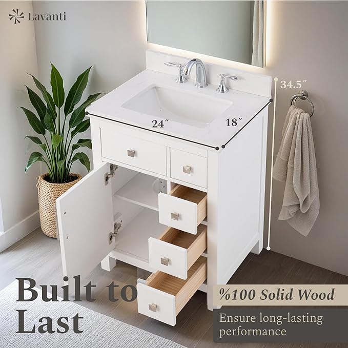 Lavanti Oakford 24 Inch Bathroom Vanity with Sink – Stylish White Vanity Bathroom with Storage Cabinet – Modern Bathroom Vanities with Single Vanity Sink & Quartz Countertop