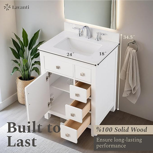 Lavanti Oakford 24 Inch Bathroom Vanity with Sink – Stylish White Vanity Bathroom with Storage Cabinet – Modern Bathroom Vanities with Single Vanity Sink & Quartz Countertop