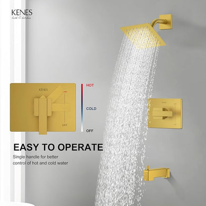 KENES Shower Set with Tub Faucet, Brushed Gold Tub Shower Faucet Set | Shower Faucet with 6-Inch Rain Shower Head, Square Shower System, Valve Included, Lead-Free cUPC & NSF Certified, Stainless
