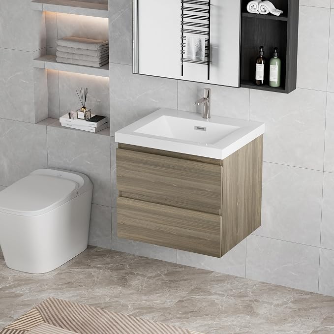 Pre-Assembled 30" Floating Bathroom Vanity with Sink, Ash Grey | Wall-Mounted Bathroom Vanity with Solid Surface Top Basin, 2 Soft Close Drawers, Easy to Install & Clean