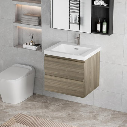 Pre-Assembled 30" Floating Bathroom Vanity with Sink, Ash Grey | Wall-Mounted Bathroom Vanity with Solid Surface Top Basin, 2 Soft Close Drawers, Easy to Install & Clean