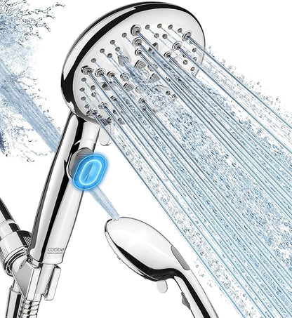 Cobbe 9 Spray Modes Handheld Shower Head, Water-Saving, Chrome | Power Rinse, 1-Click Pause & Flow Control, 6ft Stainless Steel Hose, Adjustable Brass Bracket
