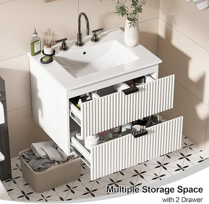 24 inch Bathroom Vanity with Sink, Floating Bathroom Vanity, Wall Mounted Modern Vanity with Ceramic Sink & Soft-Close Drawers, Floating Storage Cabinet with Sink for Small Space, White