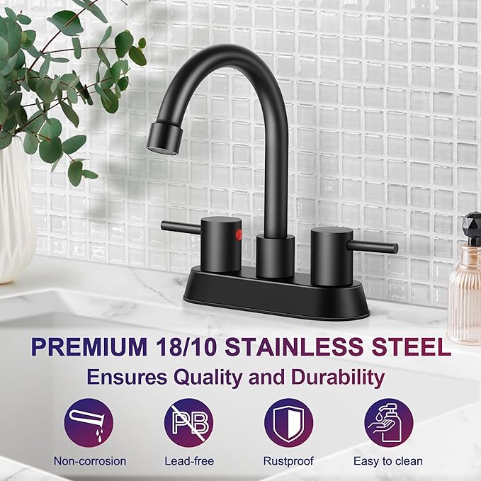 Matte Black Bathroom Faucet for 3 Hole, Herogo 4 Inch 2-Handle Bathroom Sink Faucet with Pop-Up Drain and Supply Hoses, 18/10 Stainless Steel Faucets for RV Vanity