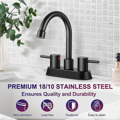 Matte Black Bathroom Faucet for 3 Hole, Herogo 4 Inch 2-Handle Bathroom Sink Faucet with Pop-Up Drain and Supply Hoses, 18/10 Stainless Steel Faucets for RV Vanity